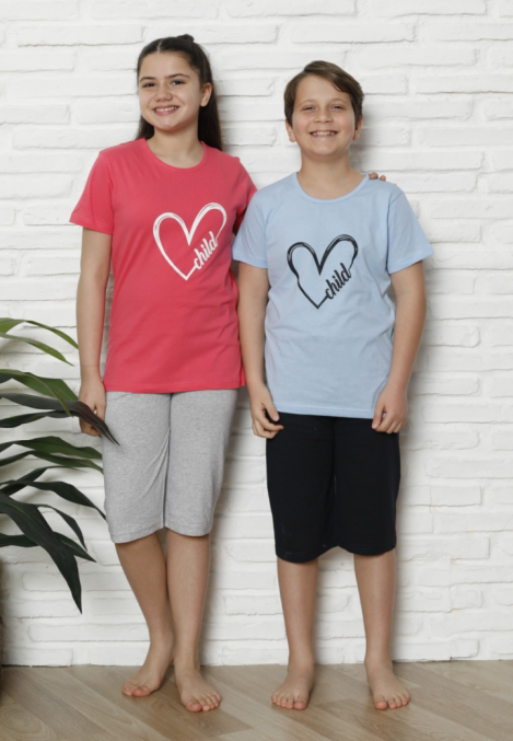 Pijama Copii cu maneca scurta si pantalon 3/4, culoare Coral si Albastru deschis,Engros